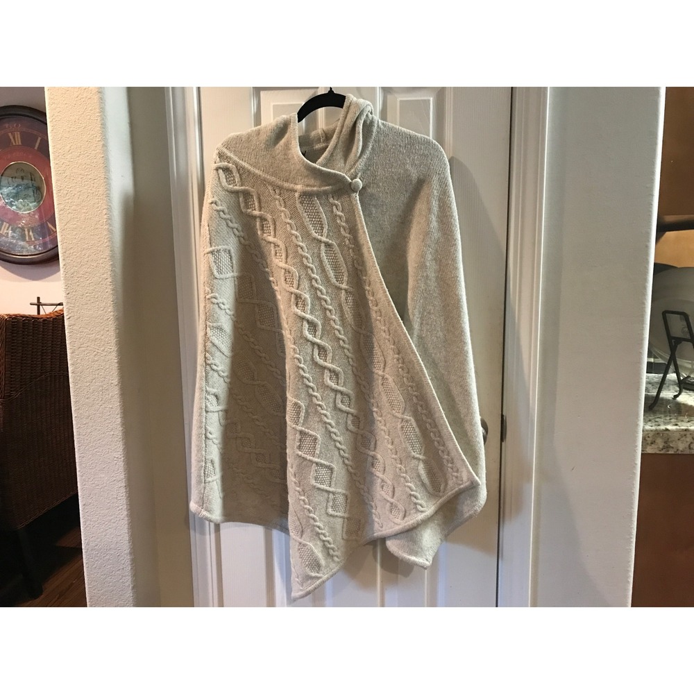Pendleton Womens Lambswool Blend Hooded Cable Knit Poncho Wrap Oatmeal One Size